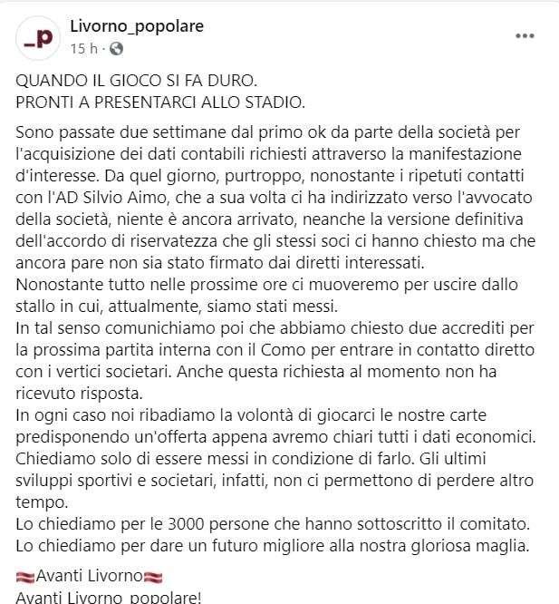 Livorno Popolare è pronta a recarsi allo stadio per incontrare i dirigenti 
