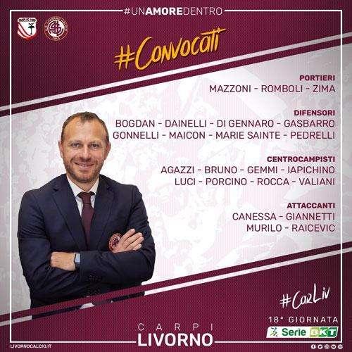 Carpi-Livorno, i convocati di Breda