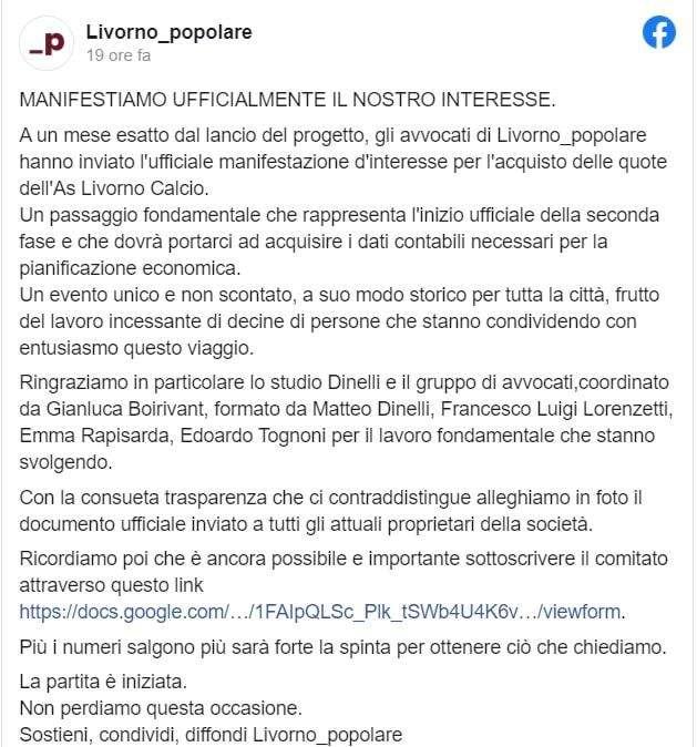 Livorno Popolare presenta la manifestazione di interesse per il club
