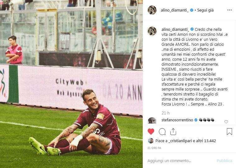 Diamanti e Livorno ai titoli di coda, il saluto di Alino su Instagram