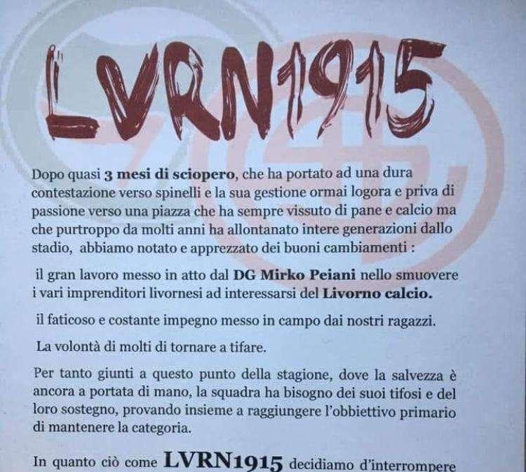 Il gruppo ultras Lvrn 1915 interrompe lo sciopero 