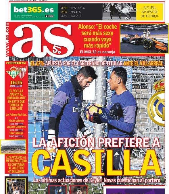 PORTADA - AS: "La afición prefiere a Casilla"
