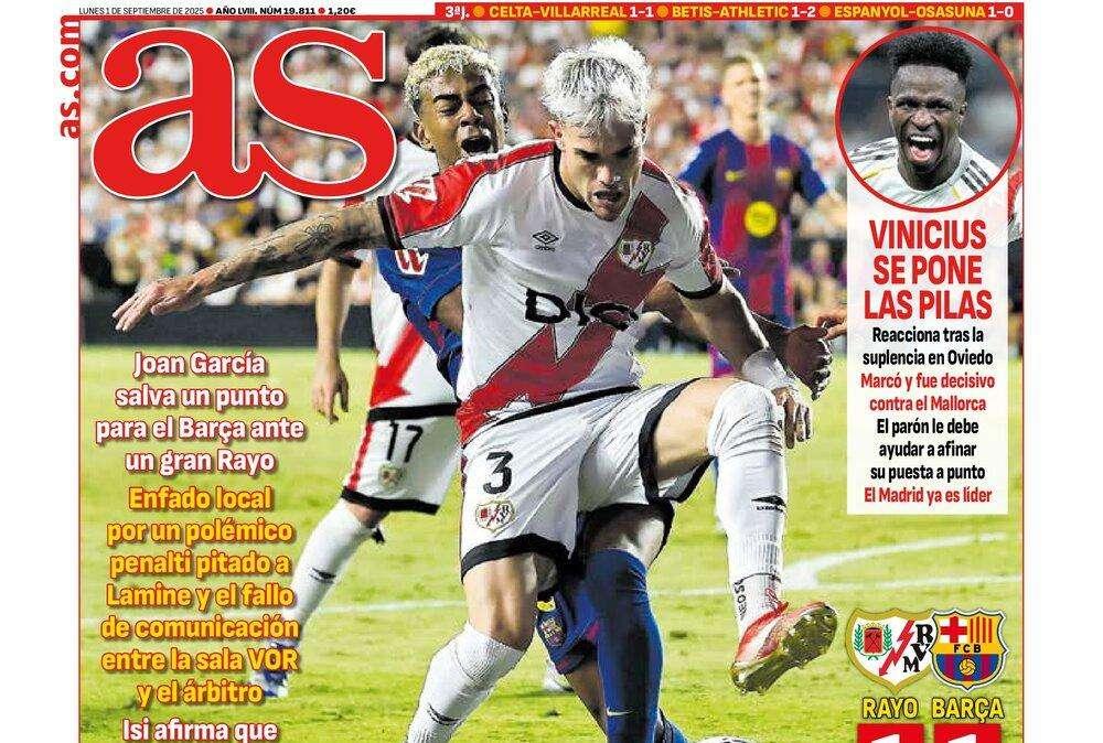 "Indignación en Vallecas", titula el AS con la polémica arbitral sufrida por el Rayo ante el Barcelona