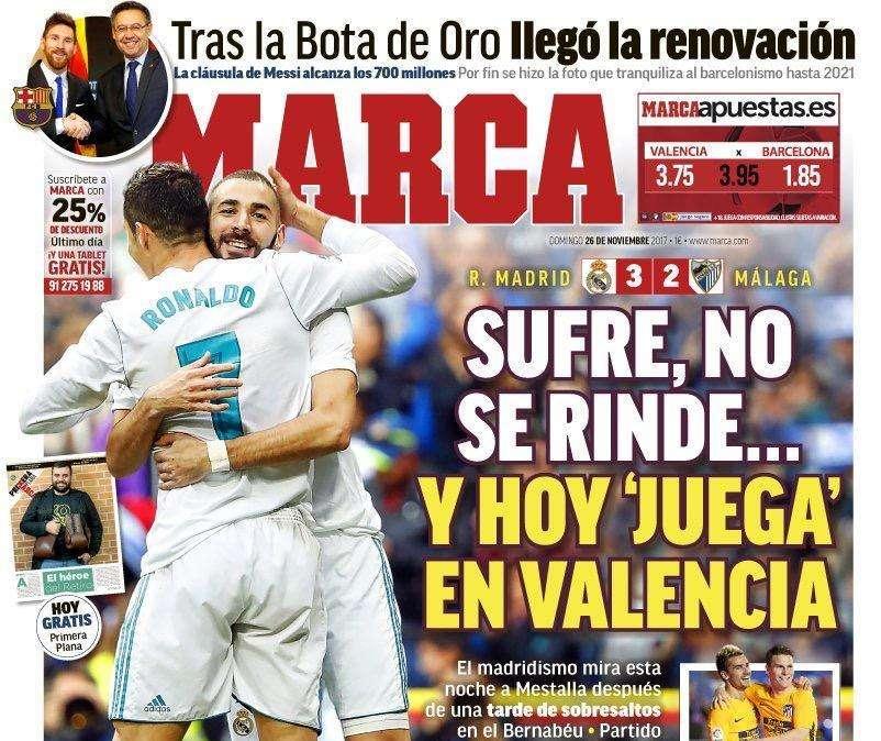 PORTADA - Marca dibuja la hoja de ruta del Madrid: "Sufre, no se rinde...y hoy 'juega' en Valencia"