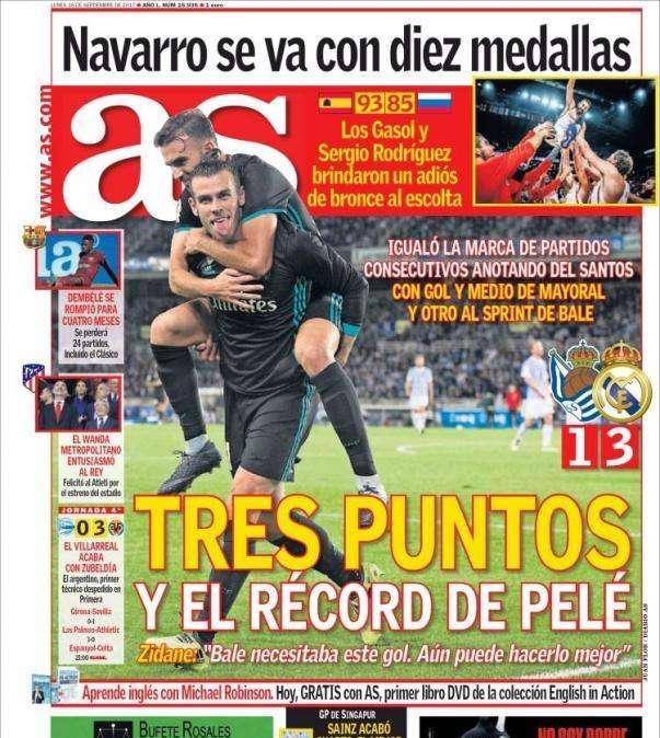 PORTADA - As destaca los objetivos conseguidos en el día de ayer: "Tres puntos y el récord de Pelé"