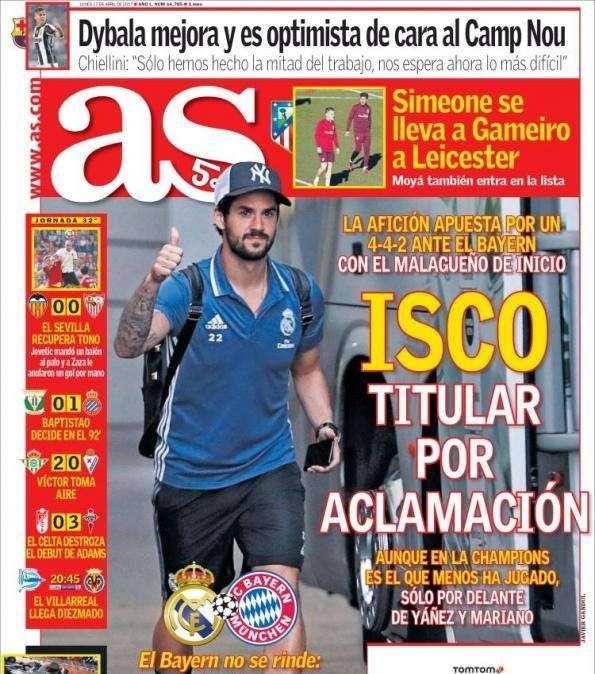 PORTADA - As: "Isco titular por aclamación"