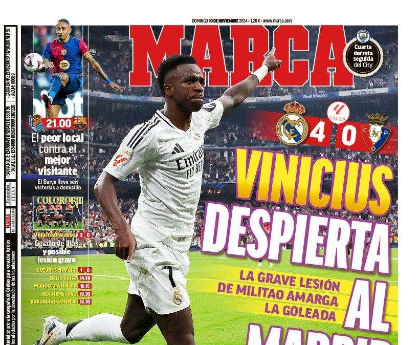 La portada de Marca tras la victoria ante Osasuna: "Vinicius despierta al Madrid"