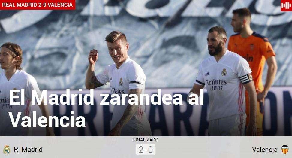 Marca: "El Madrid zarandea al Valencia"