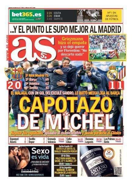 PORTADA - As: "Capotazo de Míchel: el Málaga le quita media Liga al Barça"