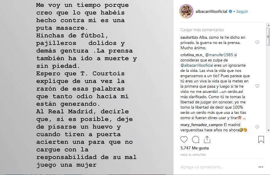 Alba Carrillo carga contra el Madrid y sus aficionados "Que dejen de pisarse un huevo y cuando tiren a puerta acierten"