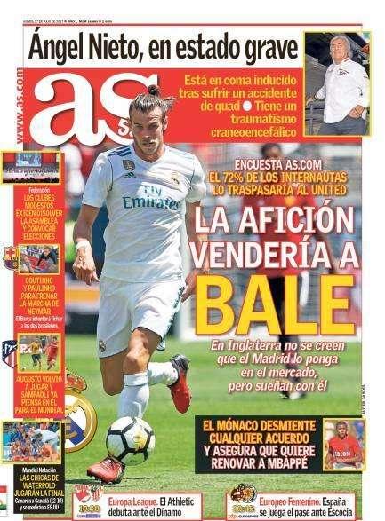 PORTADA - As publica los resultados de un sondeo entre sus lectores: "La afición vendería a Bale"