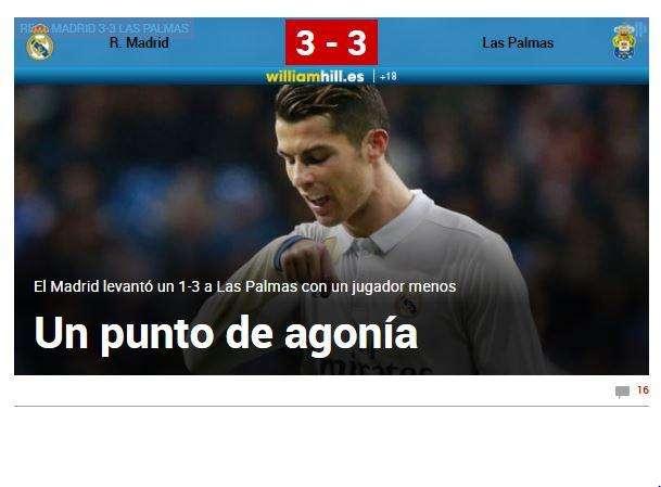 Marca: "Un punto de agonía; el Madrid levantó un 1-3 con uno menos"