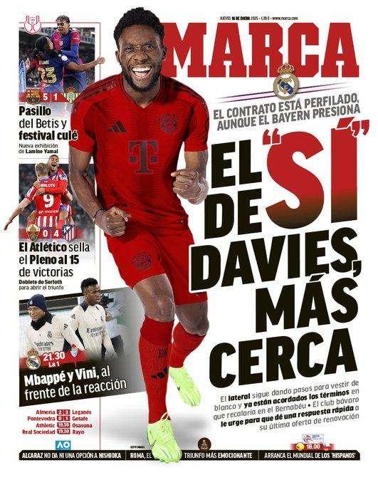 Marca destaca en primera plana el fichaje de Davies por el Real Madrid
