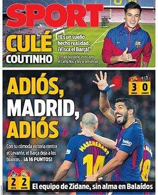 DOBLE PORTADA - SPORT: "Culé Coutinho - El Real Madrid a 16 del Barcelona"