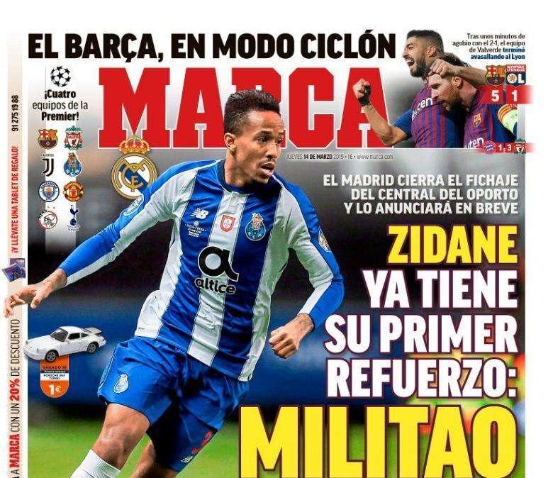 PORTADA - Marca: "Zidane ya tiene su primer refuerzo, Éder Militão: el Madrid pagará 50 millones"
