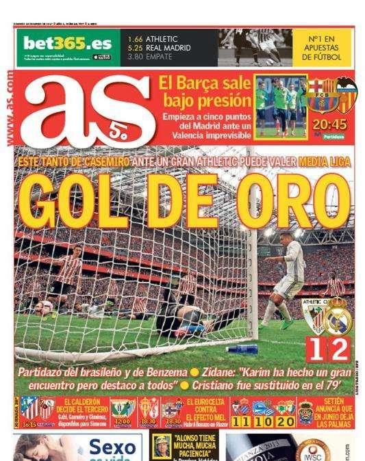 PORTADA - As: "Gol de oro: el tanto de Casemiro ante el Athletic puede valer media Liga"