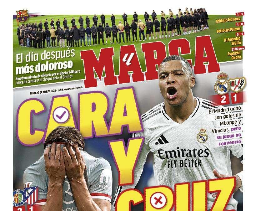 "Cara y cruz" titula Marca en portada, destacando los resultados de Madrid y Atleti