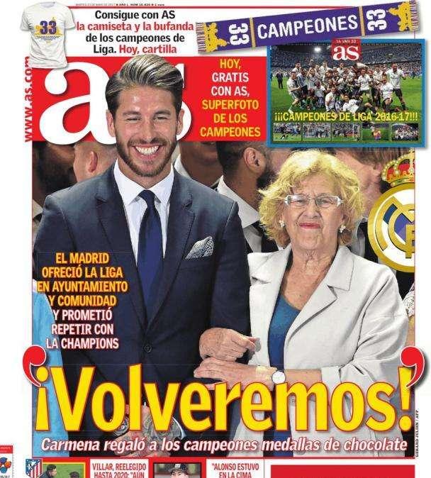 PORTADA - As se hace eco de la promesa de Sergio Ramos con Carmena: "¡Volveremos!"