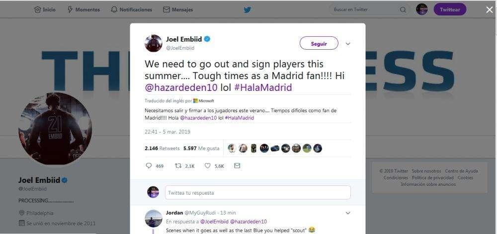 Joel Embiid estalla y pide fichajes para verano, entre ellos el de Hazard