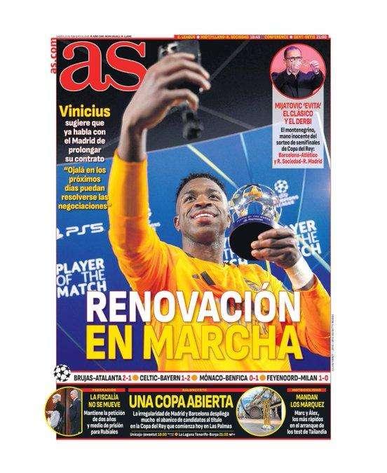 AS destaca en portada la renovación de Vinicius con el Real Madrid