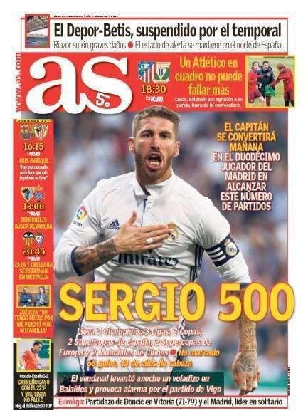 PORTADA - As: "Sergio 500: el capitán será mañana el 12º jugador en llegar a este número de partidos con el Madrid"