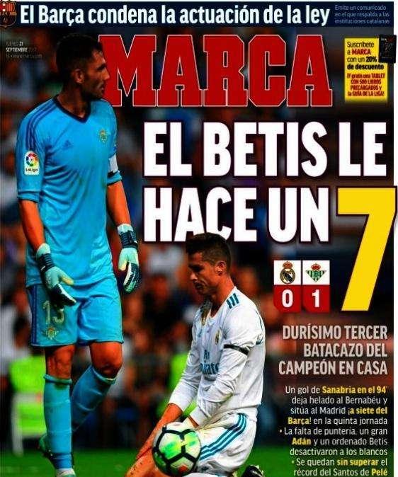 PORTADA - Marca y el tercer batacazo del Madrid en el Bernabéu: "El Betis le hace un siete"