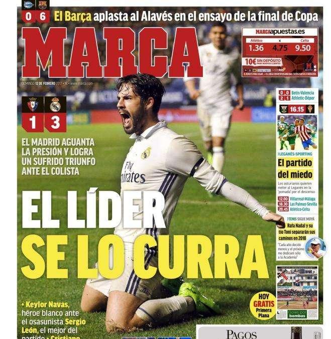PORTADA - Marca: "El líder se lo curra. El Madrid aguanta la presión y logra un sufrido triunfo ante el colista"