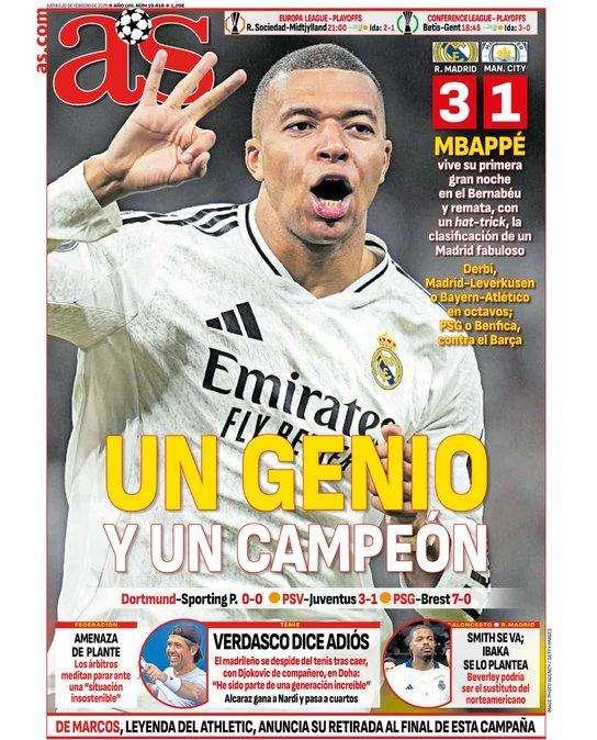 El Real Madrid 3-1 City, protagonista en la primera plana del diario AS