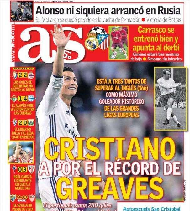 PORTADA - AS: "Cristiano, a por el récord de Greaves"