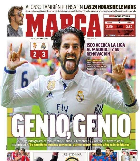 PORTADA - Marca: "Genio, genio: Isco acerca la Liga al Madrid... y su renovación"