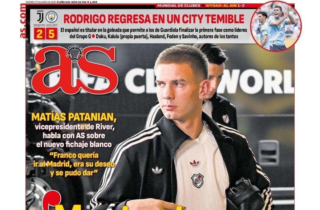 Patanian en la portada de AS: "Mastantuono pondrá en pie el Bernabéu"