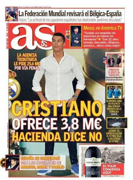 PORTADA - As: "Cristiano ofrece 3,8 millones y Hacienda lo rechaza"