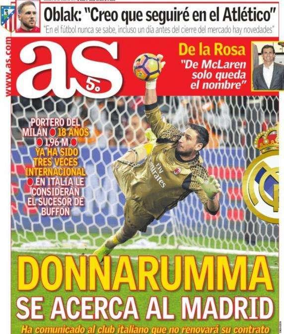 PORTADA - As: "Donnarumma se acerca al Madrid"