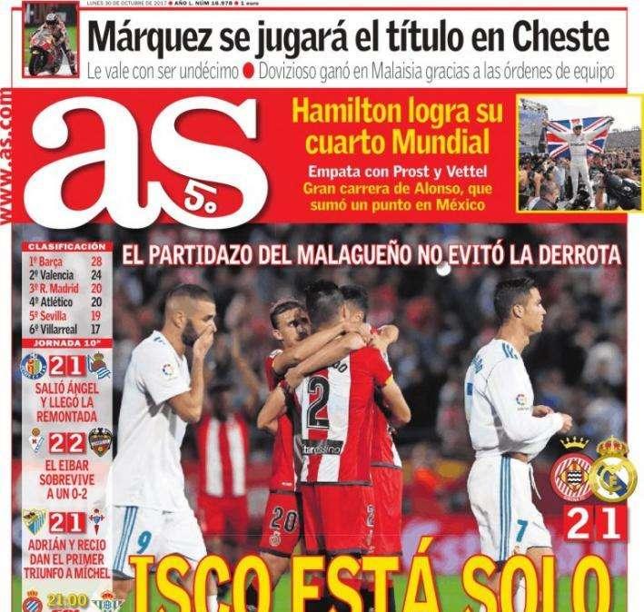 PORTADA - As reivindica la figura del malagueño en el tropiezo en Girona: "Isco está solo"
