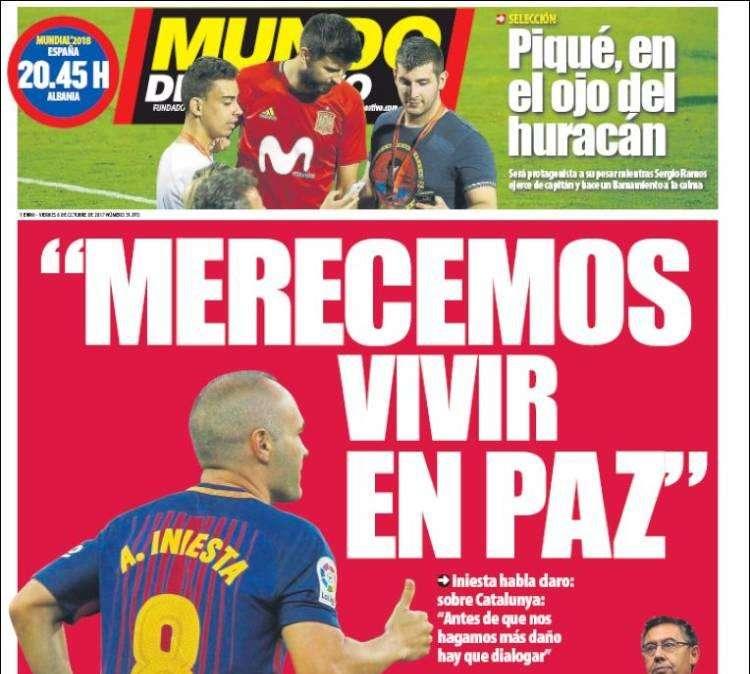 PORTADA - Mundo Deportivo destaca las palabras de Iniesta: "Merecemos vivir en paz"