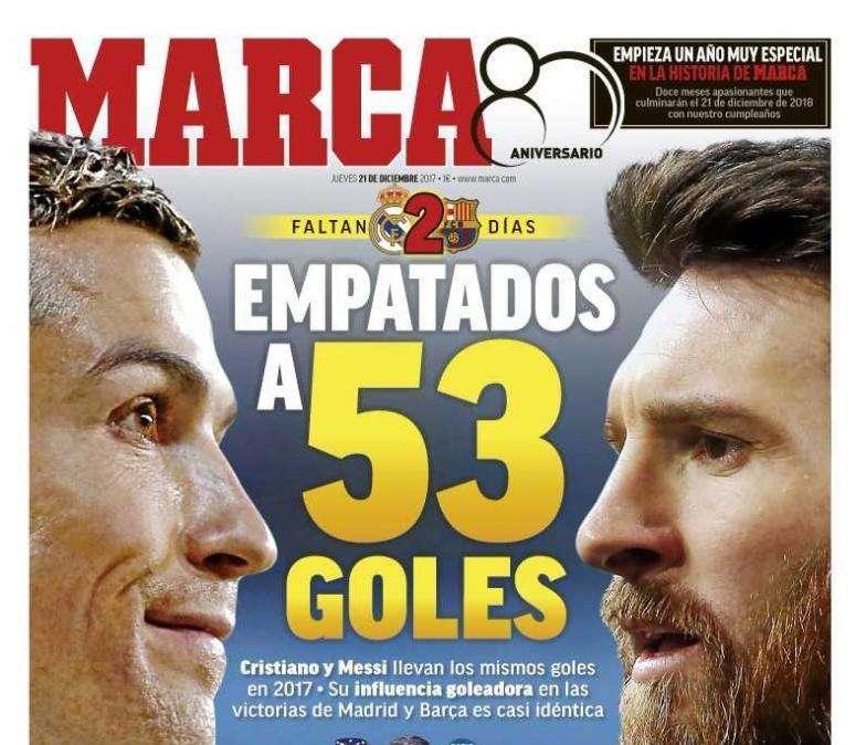 PORTADA - Marca destaca el nivel de Cristiano y Messi: "Empatados a 53 goles"