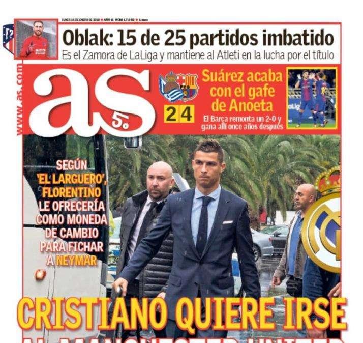 PORTADA - AS: "Cristiano quiere irse al Manchester United"