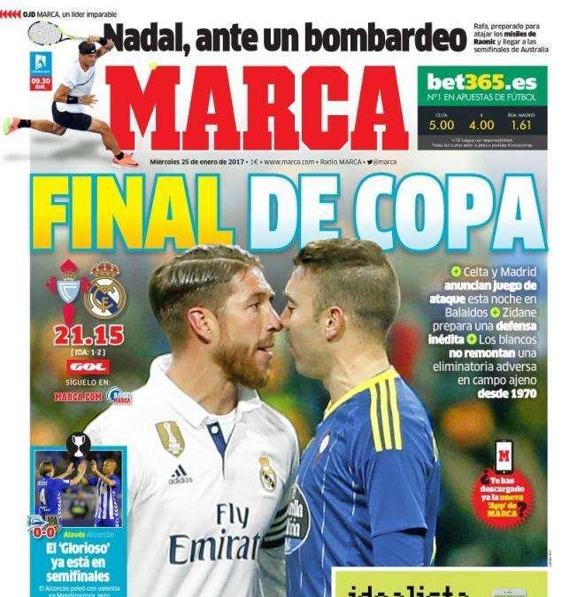 PORTADA - Marca: "Final De Copa. Celta y Madrid anuncian juego de ataque esta noche en Balaídos"