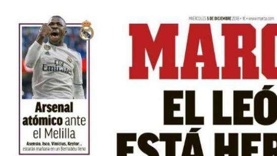 PORTADA - Marca: "Arsenal atómico ante el Melilla: Asensio, Isco, Vinícius, Keylor estarán en un Bernabéu lleno"