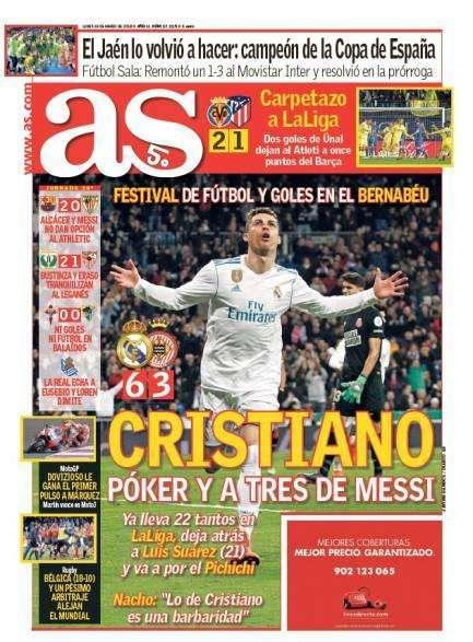 PORTADA - As:" Cristiano póker y a tres de Messi"
