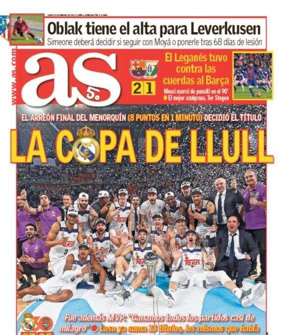PORTADA - AS: "La Copa de Llull. Laso ya suma 13 títulos"