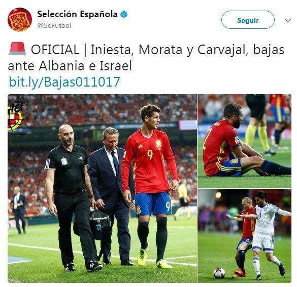 OFICIAL - Carvajal, Morata e Iniesta son bajas con la Selección