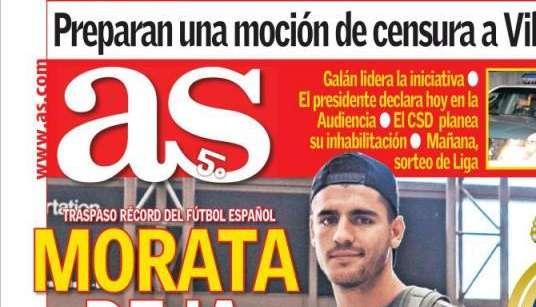 PORTADA - As resalta un traspaso récord: "Morata deja 80 millones de euros"
