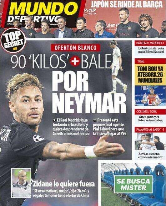 PORTADA - Mundo Deportivo desvela los planes del Madrid: "90 'kilos' + Bale por Neymar"