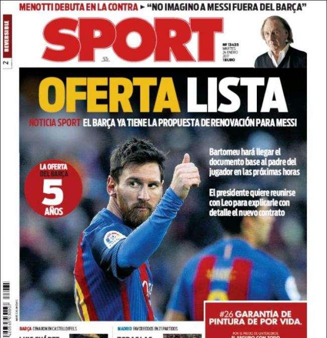 PORTADA - Sport: "Bartomeu ya tiene preparada la renovación por Messi"
