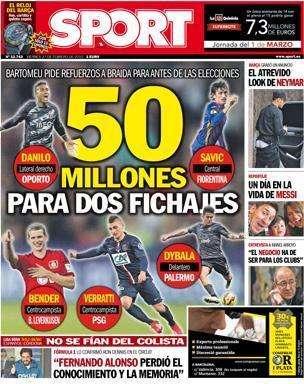 Portada SPORT: 50 millones para dos fichajes