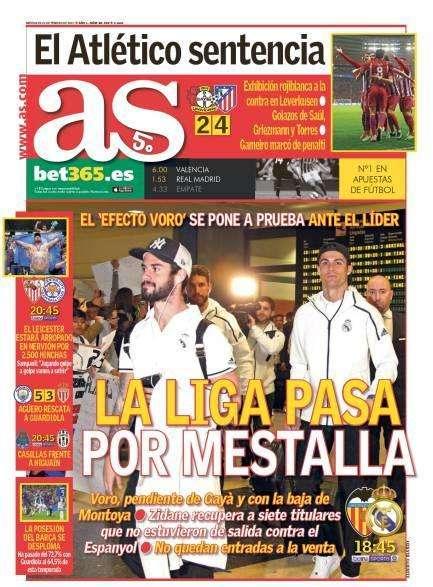 PORTADA - AS: "La liga pasa por Mestalla"