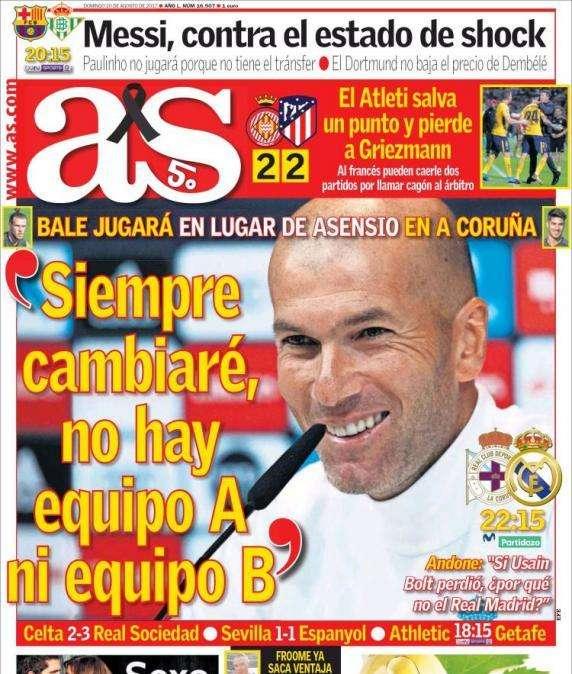As, Zidane: "Siempre cambiaré, no hay equipo A ni equipo B"