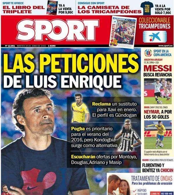 Portada SPORT: Las peticiones de Luis Enrique