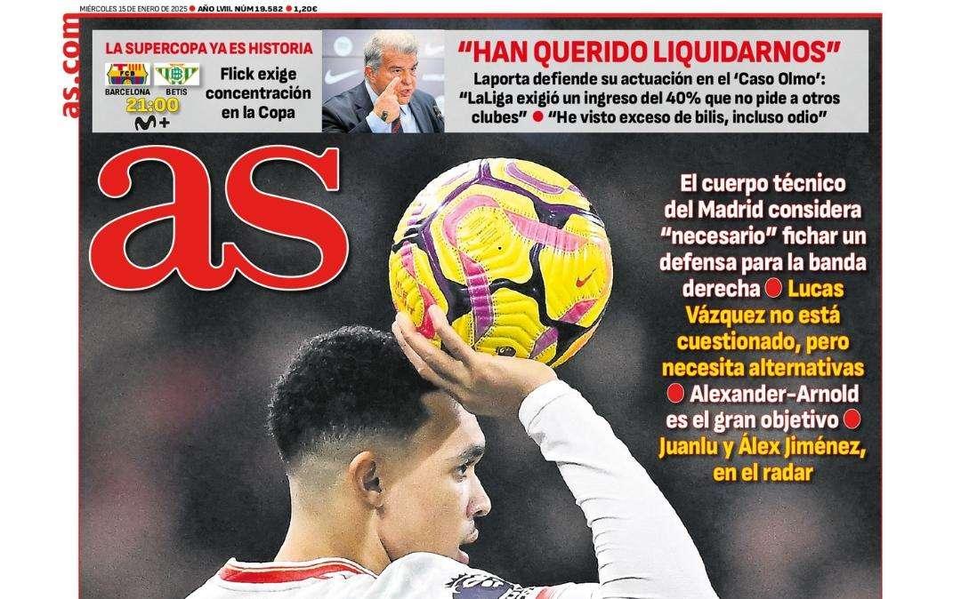 AS explica en su portada la "prioridad lateral" del Real Madrid